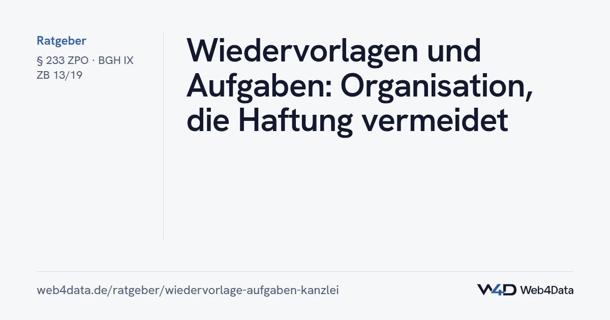 Titelgrafik: Wiedervorlagen und Aufgaben: Organisation, die Haftung vermeidet (Kanzleiorganisation)